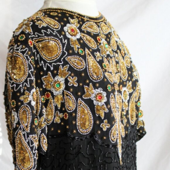 Night Vogue SZ Med 100% Silk Beaded & Sequin Black Evening Dress - Picture 7 of 16